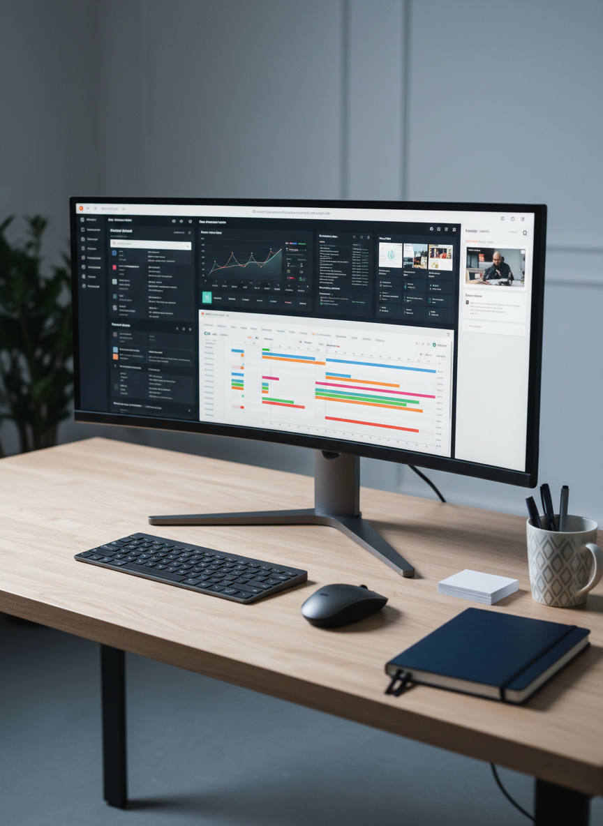 A tidy workspace featuring a large ultra-wide monitor displaying a complex but clean project dashboard, with charts, timelines, and interface mockups arranged clearly. The monitor stands on a light wood desk with a brushed metal keyboard, wireless mouse, and a closed notebook with neatly stacked index cards beside it. Subtle, cool-toned studio lighting illuminates the screen contents and gives the desk a professional sheen, while the background fades into a soft bokeh of neutral-colored walls and a simple plant silhouette. Captured from a slightly elevated angle in photographic realism, with sharp focus on the monitor and desk, the composition emphasizes clarity, organization, and serious dedication to finishing challenging work and graduating-level projects.